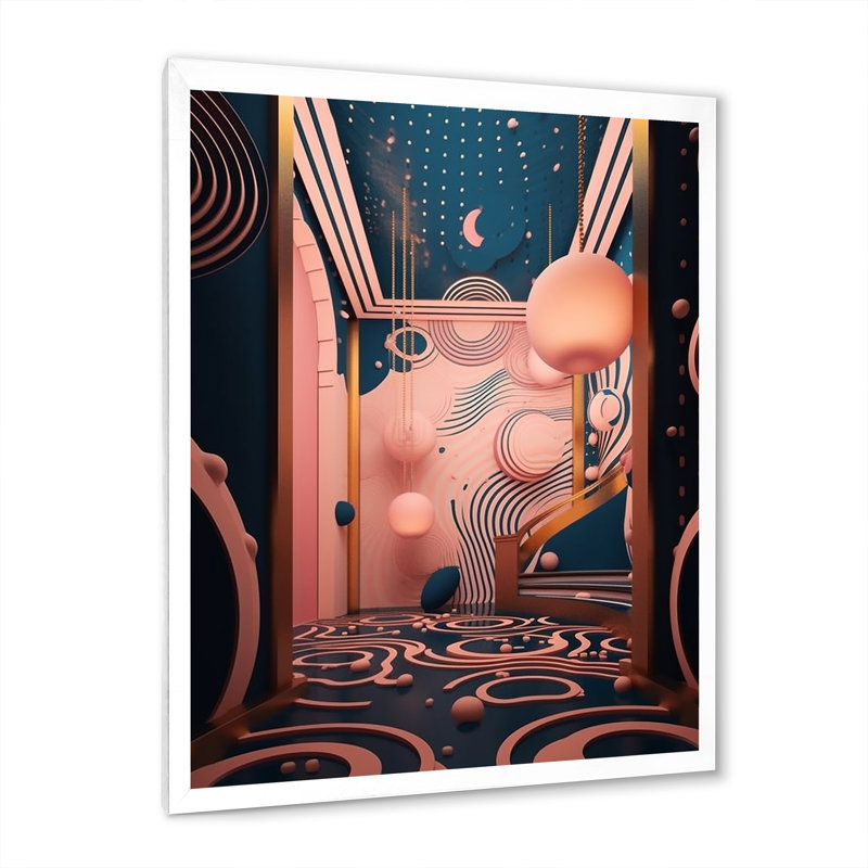 " Future Folklore Minimal Retro Architecture ", 44" H x 34"W x 1.5" D, White Single Picture Framed