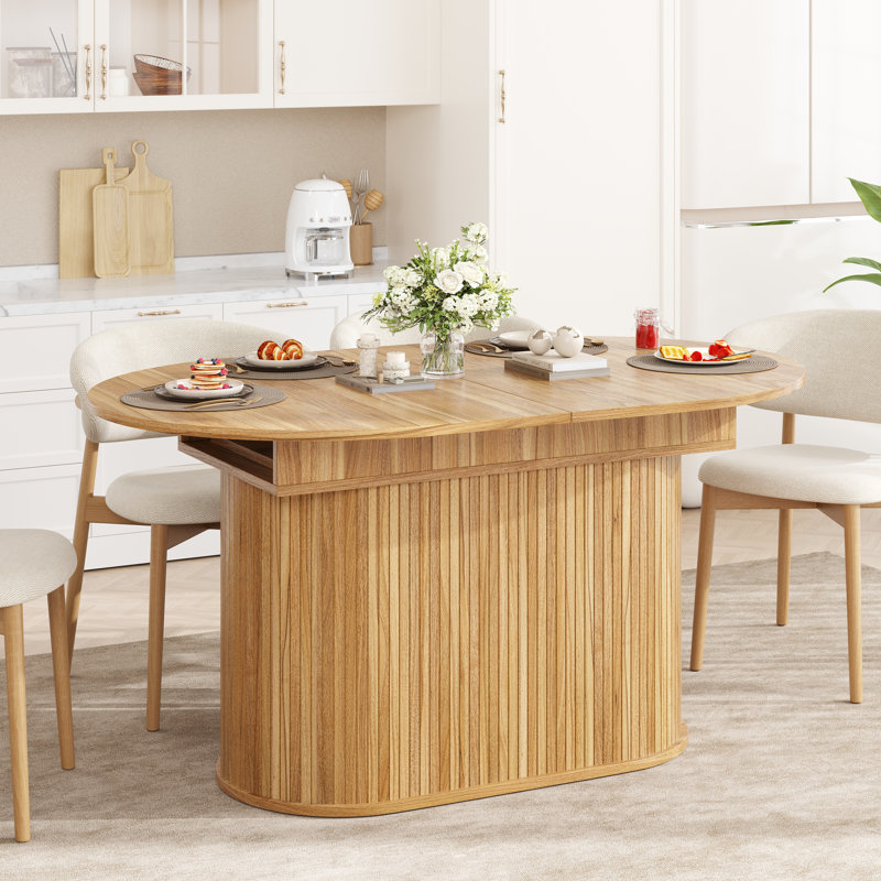 55" - 71" Oval Extendable Dining Table With Striped Pedestal Legs, Natural