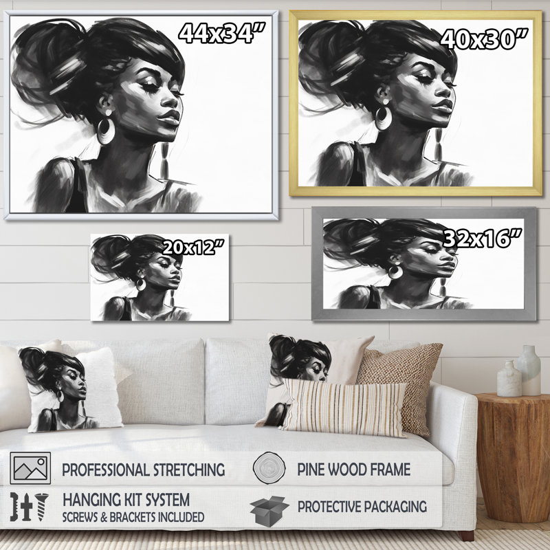 Noir et blanc, femme afro-américaine V - art mural femme, H 16 po x l 32 po, Toile tendue