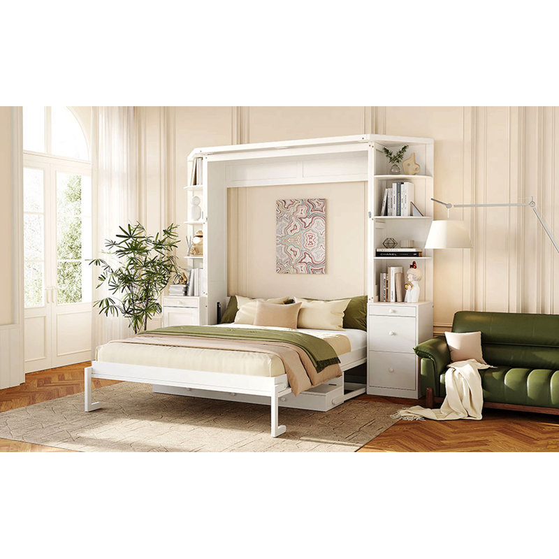 Queen Murphy Bed with Integrated Desk, Storage Shelves, and Cabinets for Space-Saving Home Office Solutions, White