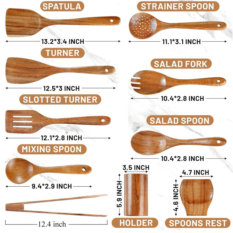 Ensemble d'ustensiles de cuisine en bois 10 pièces, antiadhésif, écologique