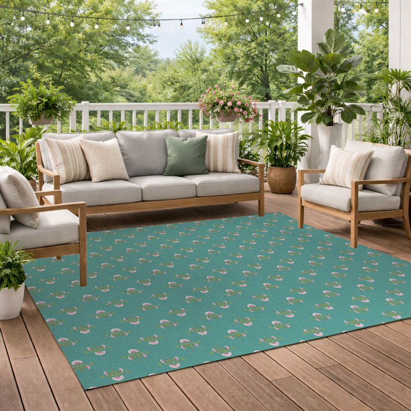 Flora Decorative Outdoor Rug, Teal, Rectangle 3' x 5'
