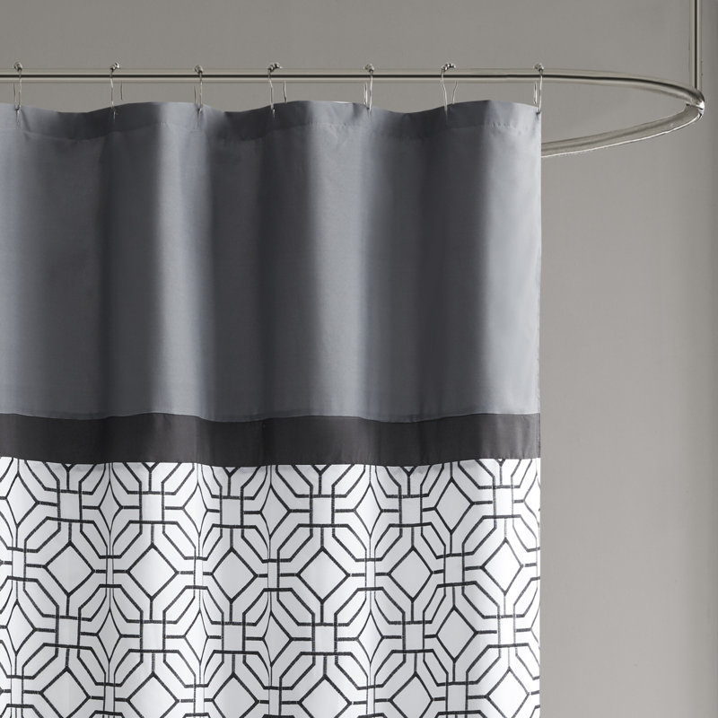 Black and Gray Geometric Embroidered Fabric Shower Curtain with Liner