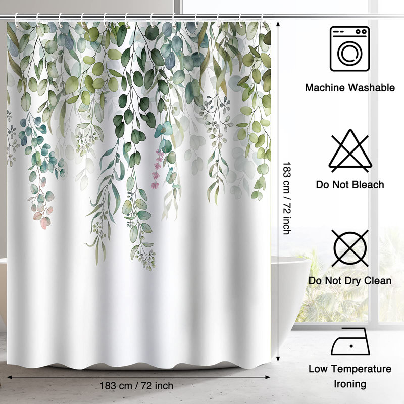 Bathroom Shower Curtain with 12 Hooks, Green Floral 1