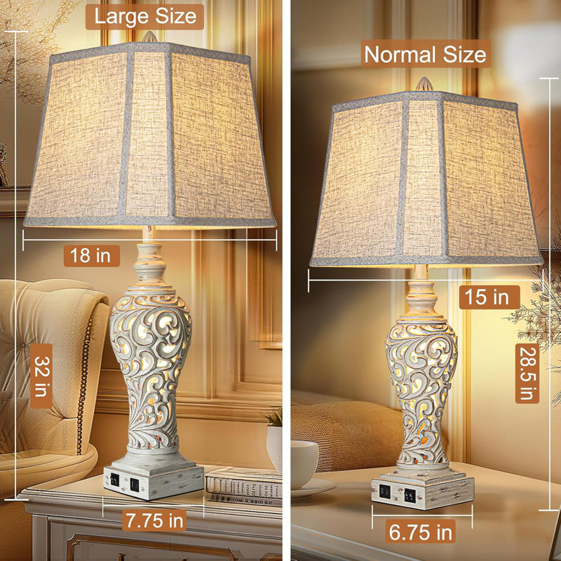 Set Of 2 Farmhouse Table Lamps With USB Ports And Nightlight, 32" Tall Bedside Lamps With Linen Fabric Shades For Bedroom And Living Room, Bulbs Included