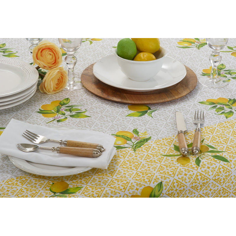 Lemon Print Yellow Cotton Square Tablecloth, 70 in