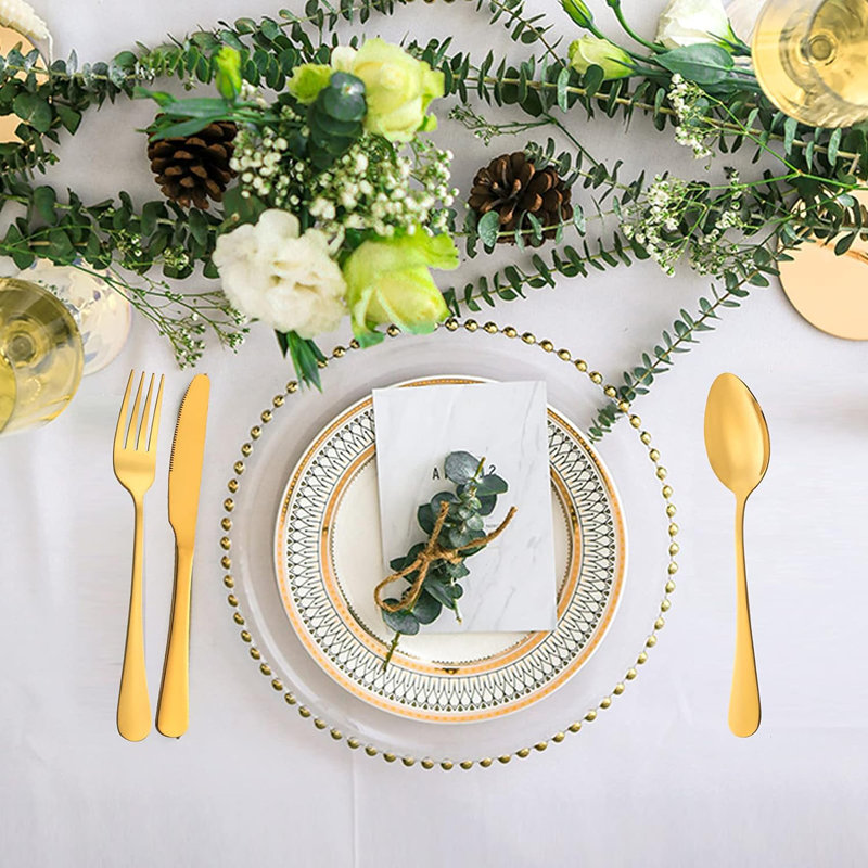 Flatware Set Gold Silverware Set With Pattern Mirror Polished 24 Pieces Cutlery Set, Service For 6