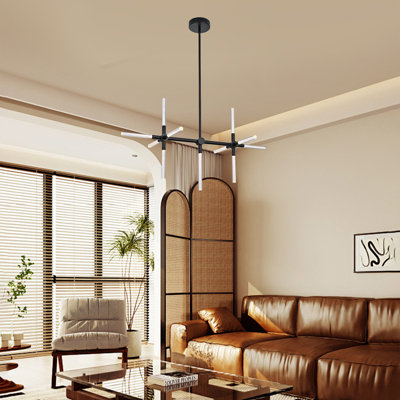 Modern Sputnik LED Chandelier, 11-Light Brushed Nickel Linear Pendant Light with Bubble Glass Shade, Adjustable Hanging Rod, 3000K Warm White Dining Room Chandelier for Kitchen Island Living Room