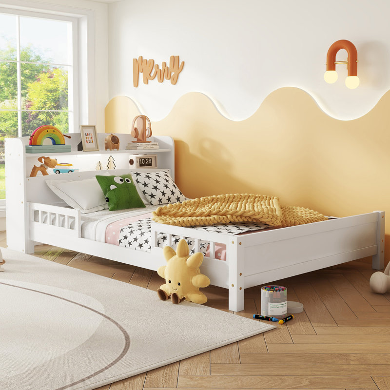 Solid Wood Platform Bed With Bookcase Headboard, Footboard, Adjustable Guardrails, Led Sensor Light, Blanc, Lit double