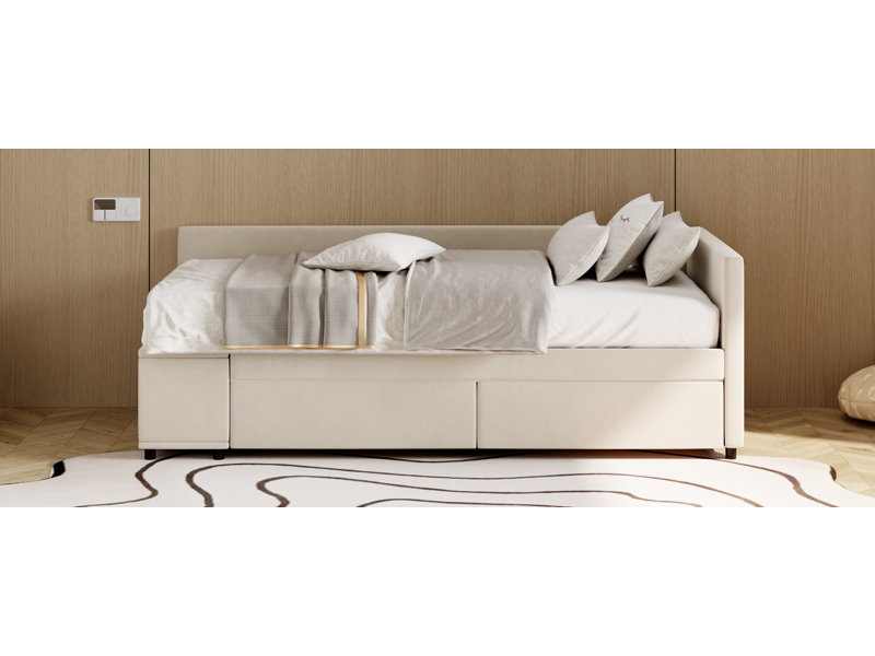 Lit plateforme simple tapissier en forme de L avec rangement et tiroirs, beige