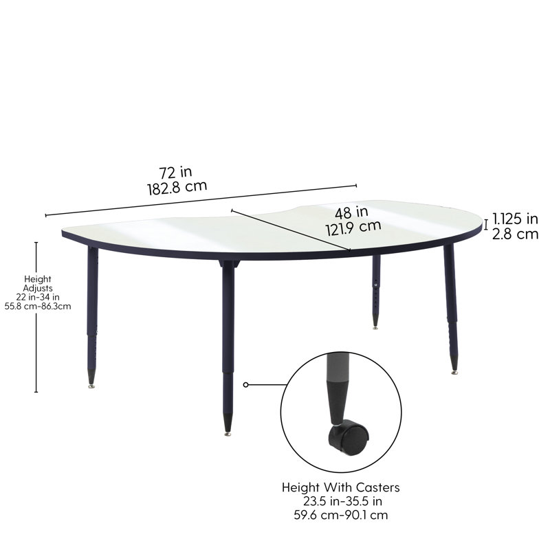 Table d'activité Adapte 48 x 72 Kidney effaçable à sec avec pieds fuselés réglables - tableau blanc / mer du Nord, Marine