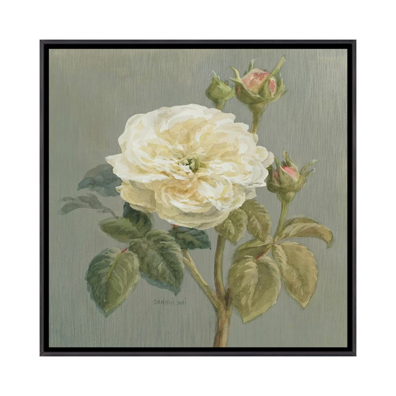 «Heirloom Rose» par Danhui Nai - reproduction d'art, H 18 po x l 18 po x 1,5 po, Toile avec cadre noir patiné, Aucun mat