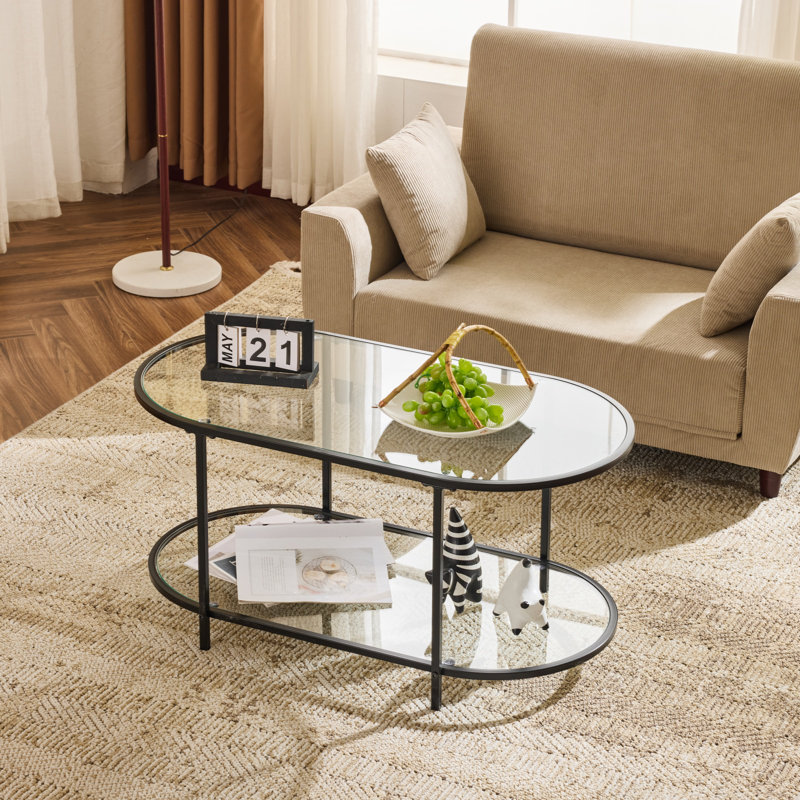 Oval Black Iron Frame Paired with Transparent Glass Double-layer Coffee Table, Black