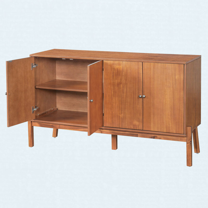Buffet 56,8 po, armoire de rangement à 4 portes avec poignées en métal et placage d'acacia, Brun