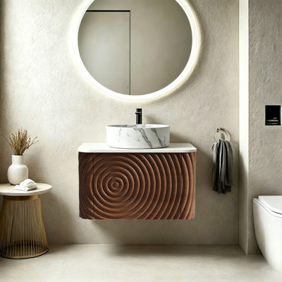 Ensemble de meuble-lavabo mural, lavabo flottant avec lavabo rond en céramique, ensemble de meuble-lavabo texturé à ondulation d'eau pour les petits espaces, peu encombrant