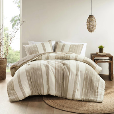 3Pcs Full/Queen Comforter - Striped Look, Mixed Textured Comforter, Natural Cotton Material, Oversized For Cozy, Consistent Warmth Casual Aesthetic, Soft Sides, Fluffiness, All Comfort,