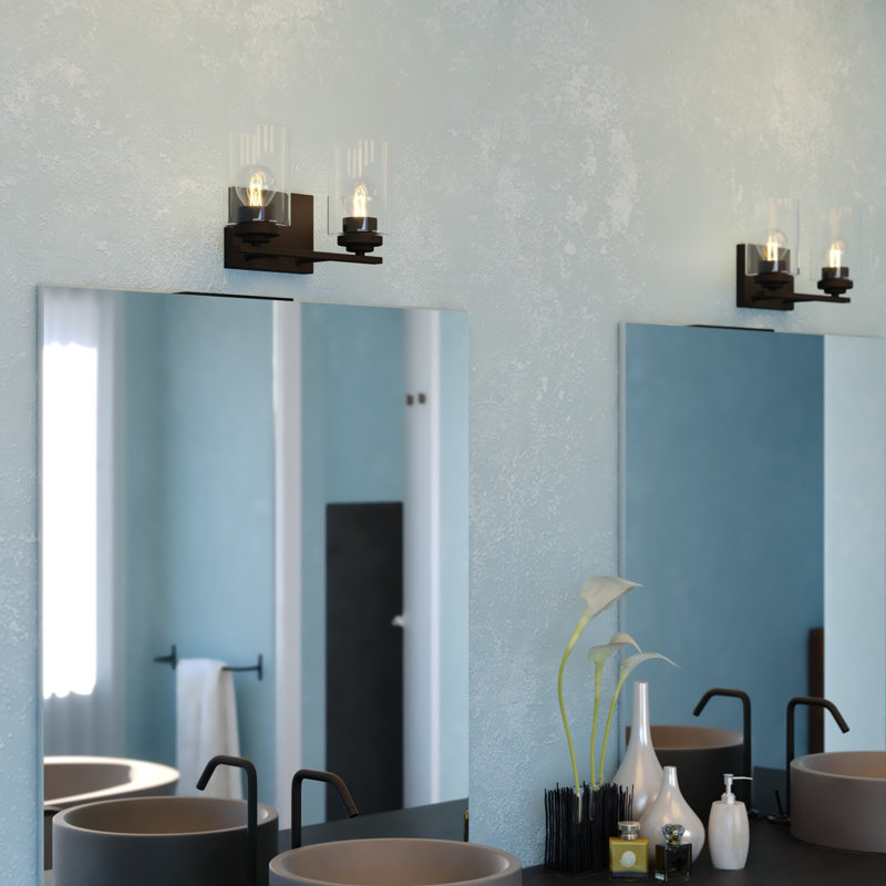 Hitchin Transitional Bathroom Vanity Lighting Fixture, Clear Glass Cylinder Shade, Dimmable, LED Compatible, Reversible Over The Mirror Mounted Steel Wall Sconce