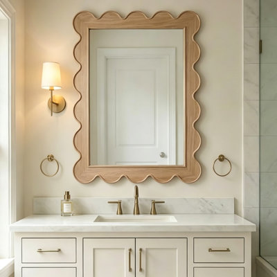 Scalloped Wall Mirror With Wood Frame, 24X36 Rectangular Decorative Mirror For Bathroom, Entryway, Nursery, Or Vanity, HD Reflection Wall Mounted Mirr
