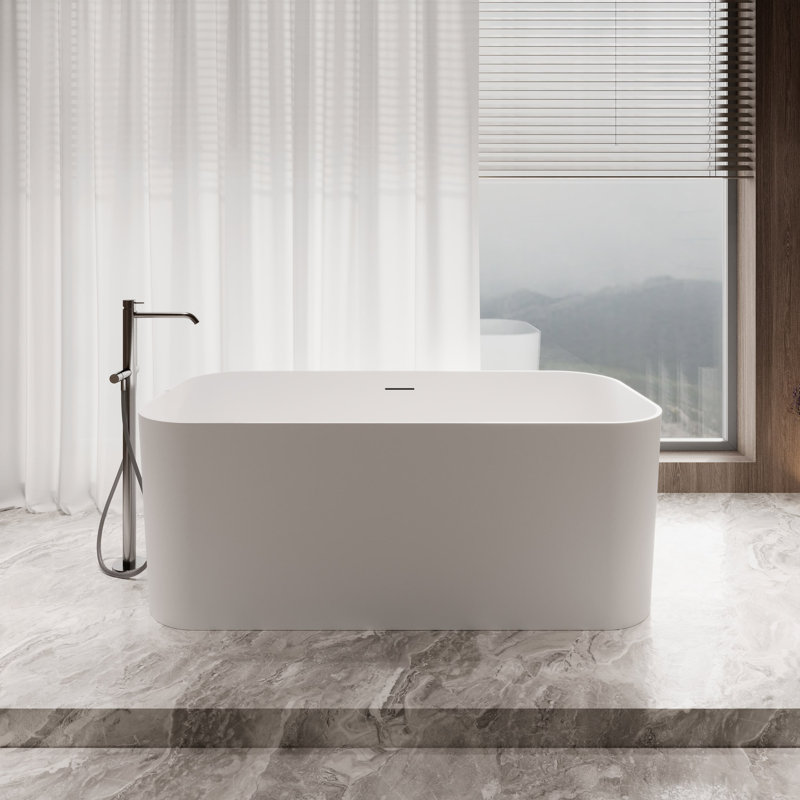 59" Streamline Soaking Matte White Stone Resin Freestanding Tub And Tray With Internal Drain In Polished Chrome