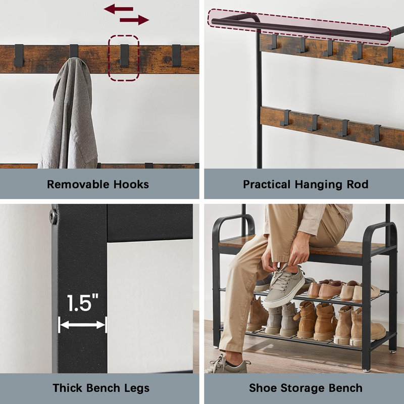 Rustic Brown and Black Hall Tree with Storage Bench