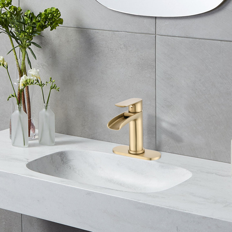 Waterfall Bathroom Faucet - Brushed Gold Single Handle With Deck Plate & Pop Up Overflow Drain Possibility In Appearance