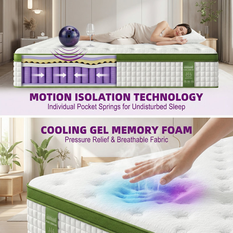 14" Queen Hybrid Mattress with Gel Memory Foam & Pocket Springs - Pressure Relief, Motion Isolation, CertiPUR-US Certified