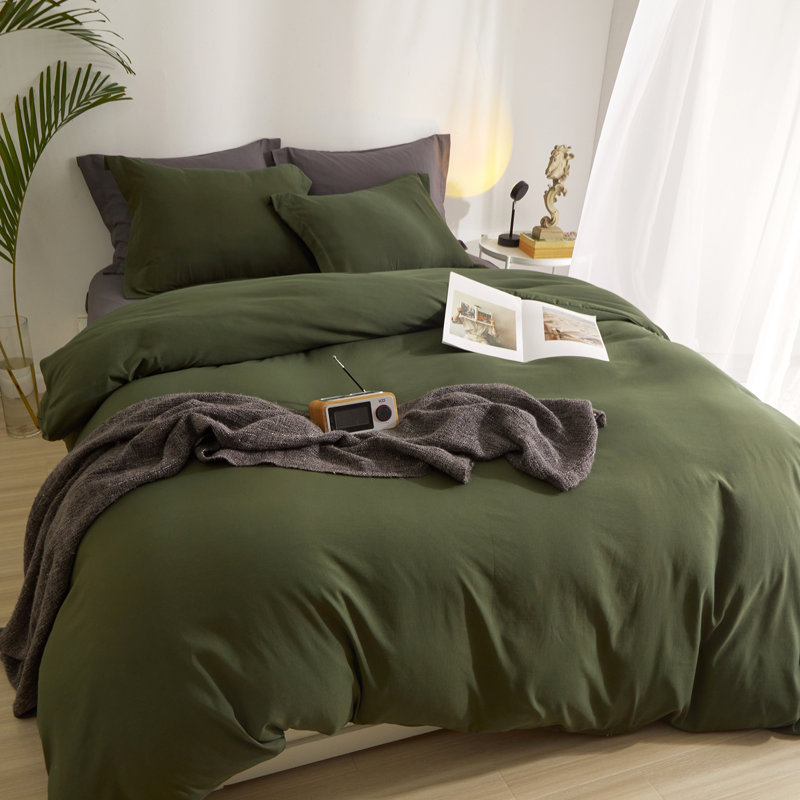  Breathable Washed Microfiber Duvet Cover Set, King Duvet Cover + 2 King Shams, Army Green