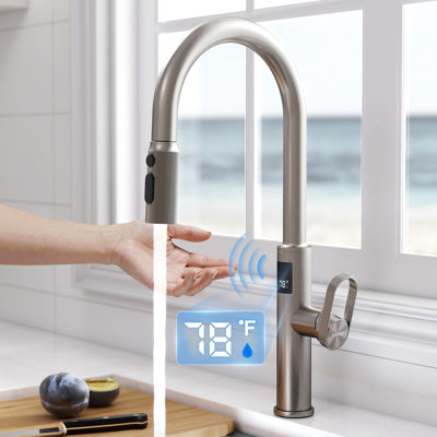 MASO Touchless Kitchen Faucet with Pull-Down Sprayer, Fahrenheit Temperature Display, 3 Spray Modes, 360° Swivel, Commercial Modern Faucet for RV, Farmhouse, Camper, Laundry & Bar, Brushed Nickel