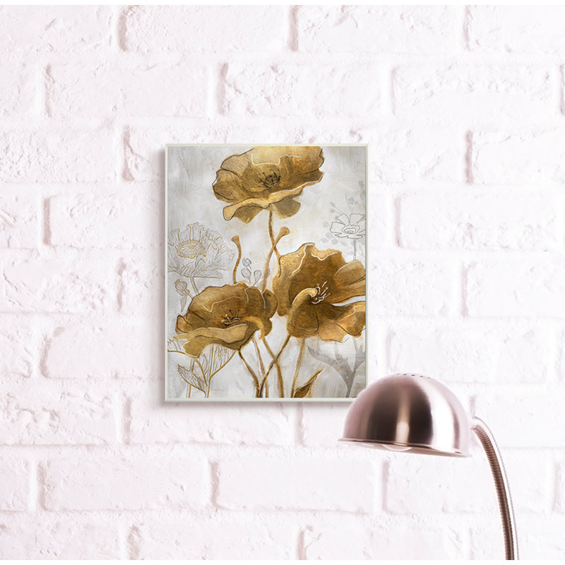 Champ de fleurs abstrait coquelicots argent et or, H 20 po x l 16 po, Toile tendue