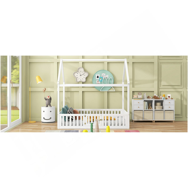 Lit double en bois pleine grandeur avec clôture et porte, blanc, Lit double, Blanc