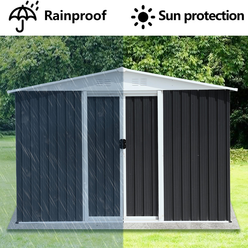 Dark Grey 8x6 Feet Aluminum Alloy Frame Storage Shed, Structure, Ventilation To Promote Air Circulation, Outdoor For Garden Tools Metal Galvanized Steel Construction, Sloped Roof Water Damage, Can