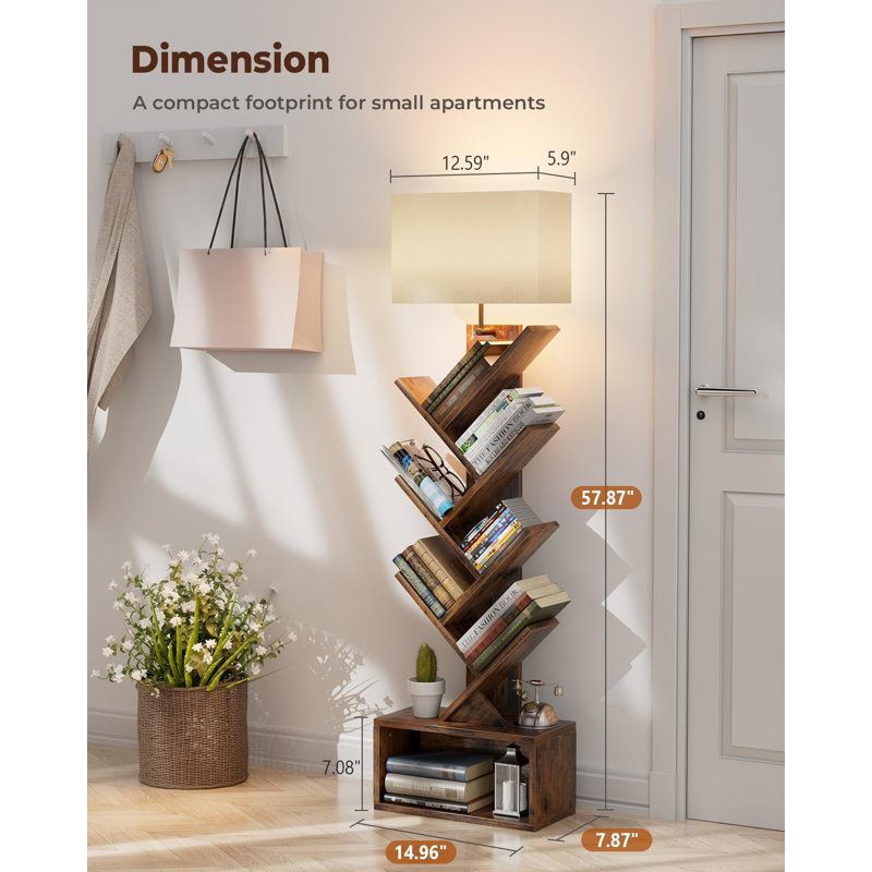 6 Tier Tree Bookshelf With Light, Narrow Bookcase Tower, Tall Floor Standing Book Organizer With Storage Cabinet For Living Room, Bedroom And Home Office, Rustic Brown