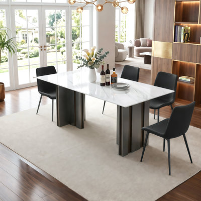 Ensemble de table de salle à manger 70 "avec plateau en faux verre imitation marbre et chaises en similicuir