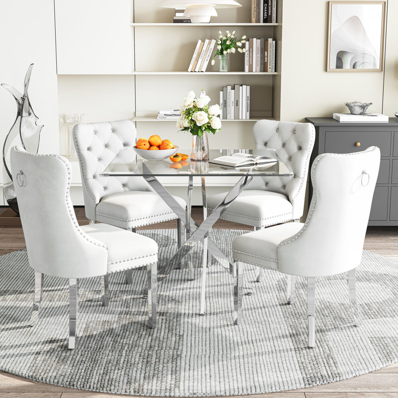 Modern Square Glass Dining Table Set for 4, 36" Tempered Glass Top with Velvet Tufted Nailhead Trim Chairs