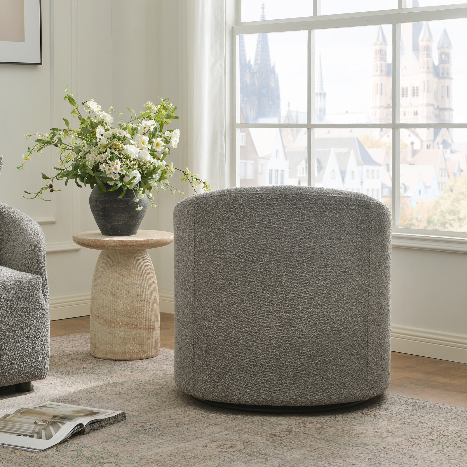 Deans 32" Boucle Upholstered Swivel Barrel Chair , Gray