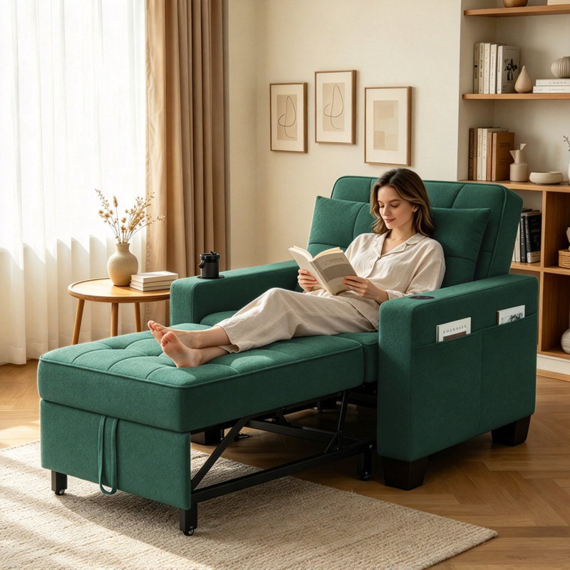 Fauteuil-lit escamotable 3-en-1 à lattes de 36,6 po Latitude USB Latitude Run, 100% lin vert forêt