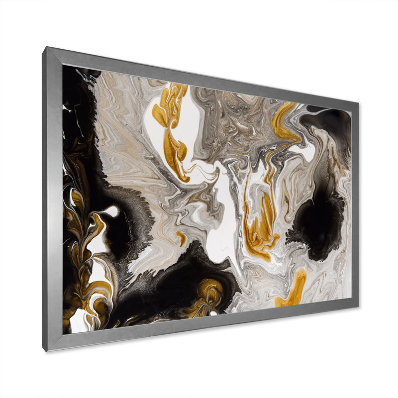 Or et vagues de marbre noir I - peinture sur toile, H 24 po x l 32 po, Impression encadrée, Argent