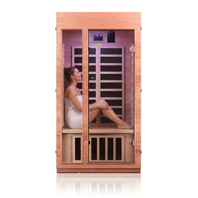 1-2 Person 75‘ H Indoor Infrared Sauna for Relaxation, Recovery & Better Well-Being, Hemlock & Okoume Wood Sauna, Tempered Glass
