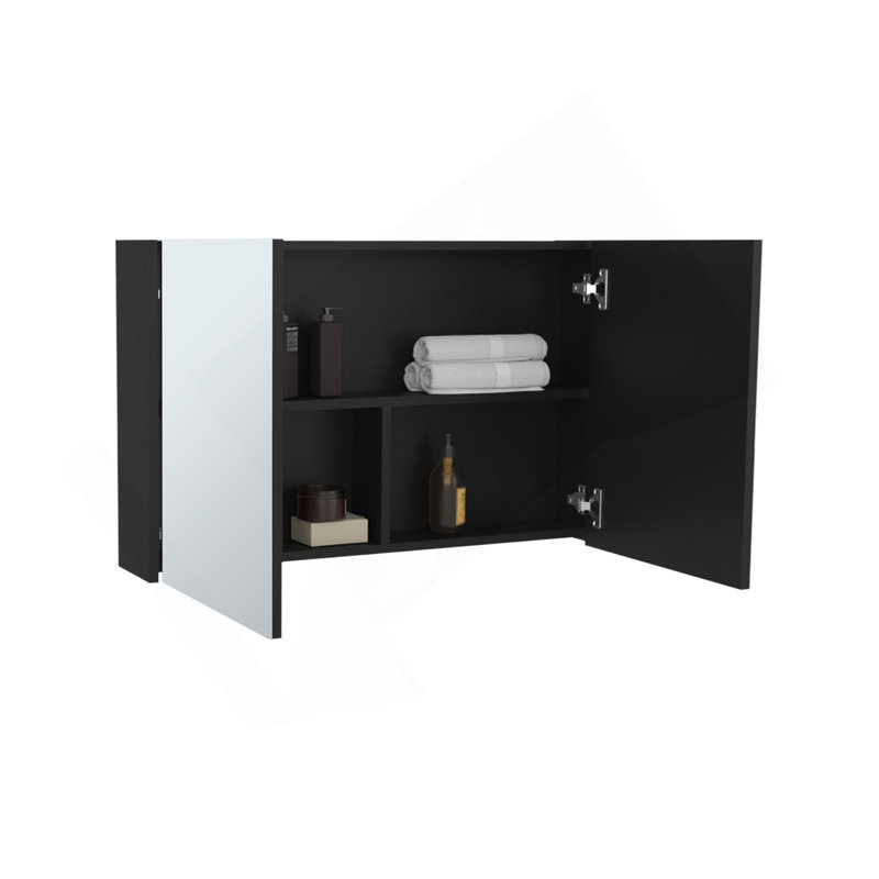 Armoire à pharmacie à double porte avec miroir, trois tablettes intérieures pour la salle de bain, cuisine noire, Noir