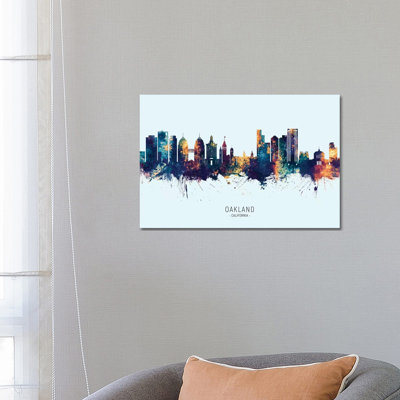 Oakland California Skyline Blue Orange by Michael Tompsett - 1 Piece Wrapped Canvas Wall Art
