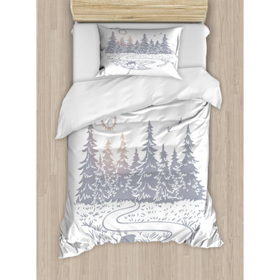 Ambesonne Forest Duvet Cover Set, Spruce Woods Sunrise Morning, Twin, Pale Grey Yellow White -  nev_85362_twin