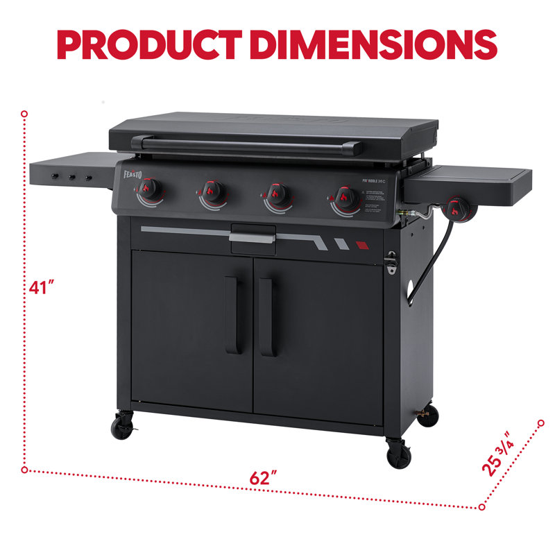 Plaque chauffante au gaz propane à 4 brûleurs de 36 po avec brûleur latéral et armoire FEASTO, 63 000 BTU, gril extérieur à toit plat avec hotte, bac à graisse, doublures jetables en aluminium et table d'appoint pliable