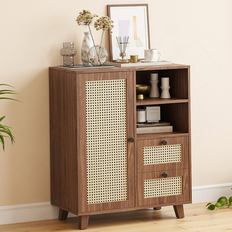 Rattan Buffet Cabinet With Adjustable Shelf, Sideboard With Drawers For Living Room, Kitchen, Entryway, Walnut