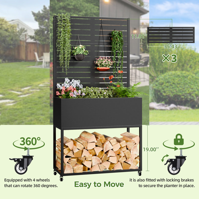 35.43" Wide Galvanized Steel Planter With Trellis & Wood Storage, Mobile Outdoor Privacy Screen With Deep 11.81" Planter Box & Drainage Holes