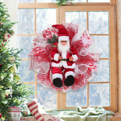 Christmas Santa Claus Wreath, 17.7 in Stuffed Xmas Christmas Mesh Front Door Wreaths Hanging Ornaments Holiday Indoor Outdoor Decor Party Supplies Fireplace Window Festival Decor