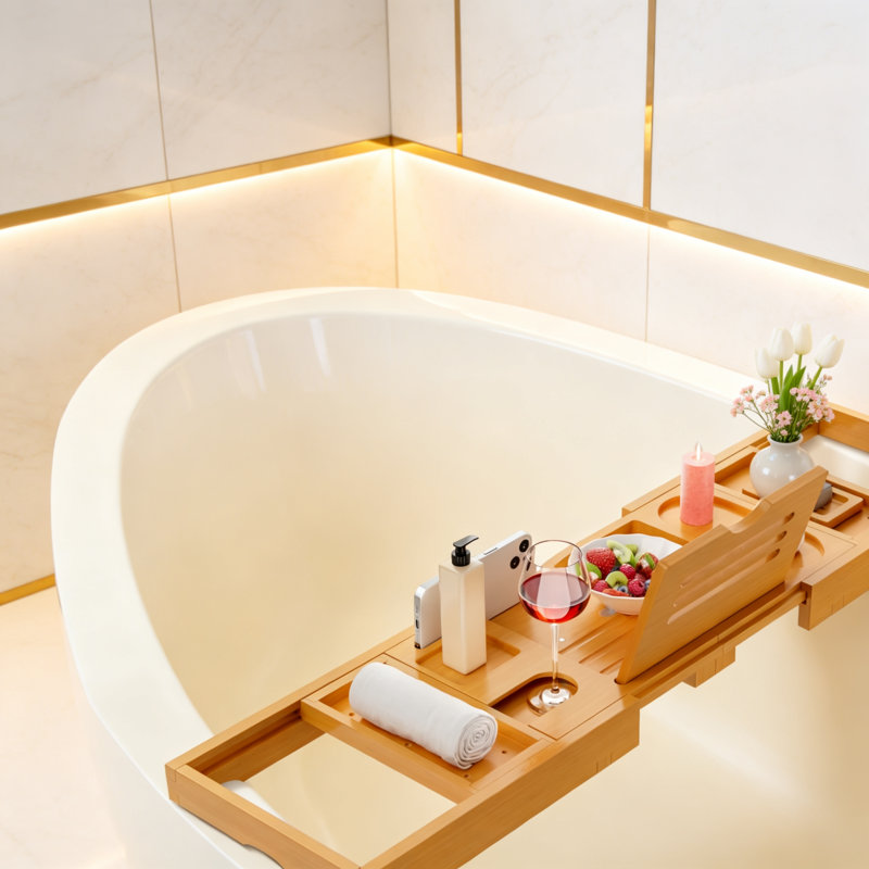 Plateau de bain pliable et ajustable en bambou avec repose-livres