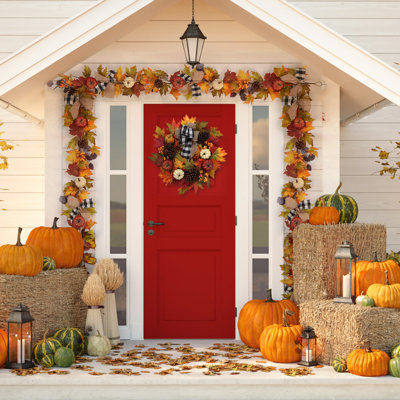 Guirlande artificielle d'automne de 1,8 m (6 pi) pour l'Action de grâce, avec citrouilles, feuilles d'érable en soie, nœuds en ruban et pommes de pin. Décoration intérieure et extérieure pour foyer, fenêtre et rampe d'escalier.