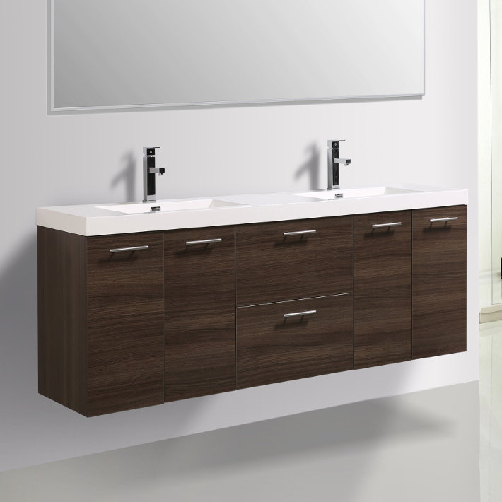 Leffler 84" Wall-Mounted Double Bathroom Vanity Set, Gray/Oak