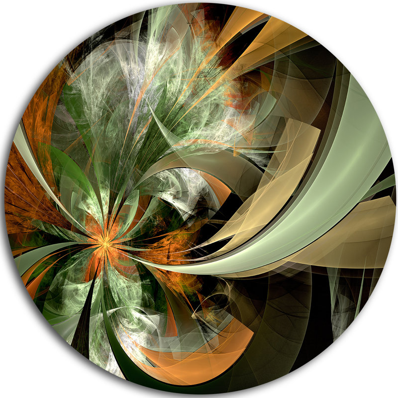 Symmetrical Orange Green Fractal Flower Round Metal wall Print, 23" H x 23" W x 1" D