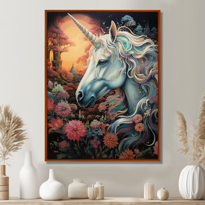 Licorne blanche dans une forêt magique florissante - licornes, art mural